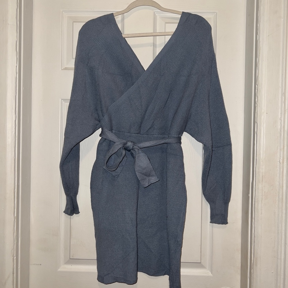 Steel Blue Bat Wing Sleeve V Neck and Back Mini Dress